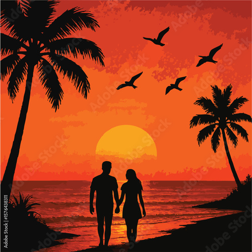 Romantic couple walking on tropical beach at sunset – palm trees, ocean waves, birds in sky – summer vacation silhouette illustration