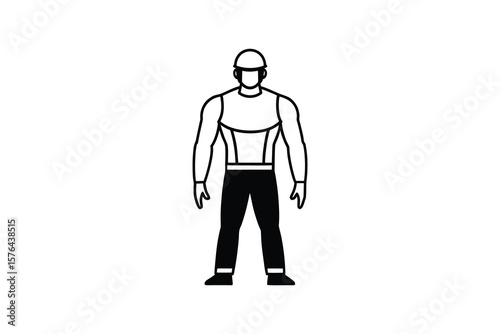 Standing Construction Worker Wearing a Hard Hat in Black and White Silhouette Style Isolated on White Background Full Body Silhouette