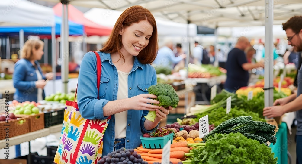 Obraz premium Happy woman carefully selects fresh broccoli at a bustling outdoor farmers market.