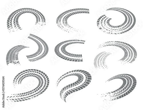 Set of Tire Tracks Isolated on White Background Different Forms of Vehicle Tyre Prints Vector Illustration Grunge Design Elements