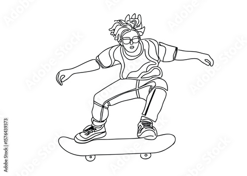 Continuous one line drawing of young person in stylish clothing performs a skateboarding trick with dynamic motion