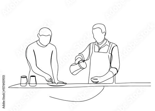 Continuous one line drawing of  Barista skillfully pouring milk