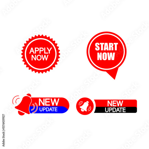 Collection of four red and white call to action buttons with text and icons isolated on transparent background