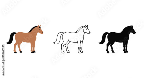 Horse illustration set in color outline and silhouette styles on white