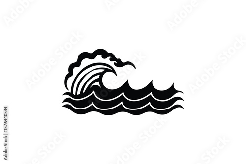 Stylized Ocean Wave with Cresting Water in Black and White Depicting Marine Power and Movement in a Silhouette