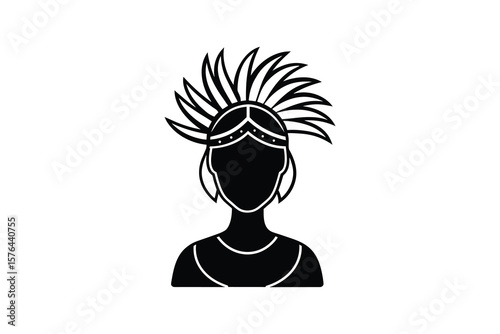 Woman with Feathered Headdress Icon Carnival Costume Silhouette Style Vector Graphic of a Female Figure Wearing a Festive Headpiece in Black Silhouette