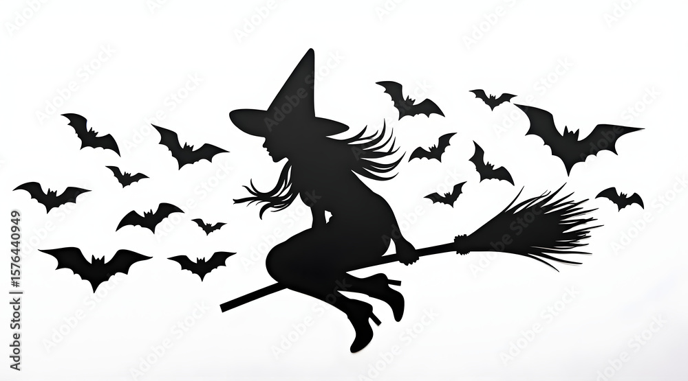 Fototapeta premium Flying witch silhouette cutout on broomstick surrounded by bats in spooky Halloween scene with white background