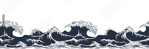Stylized Ocean Wave Illustration in Dark Blue and White Depicting Sea Water and Nautical Themes with a Clean and Minimalist Design Style