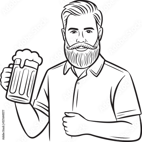 Hand drawn vector illustration of a bearded man holding a beer mug with foam, pub character design