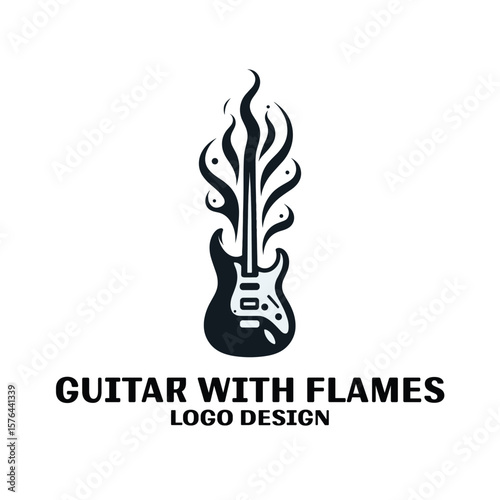 Guitar Wth Flames Vector Logo Design 