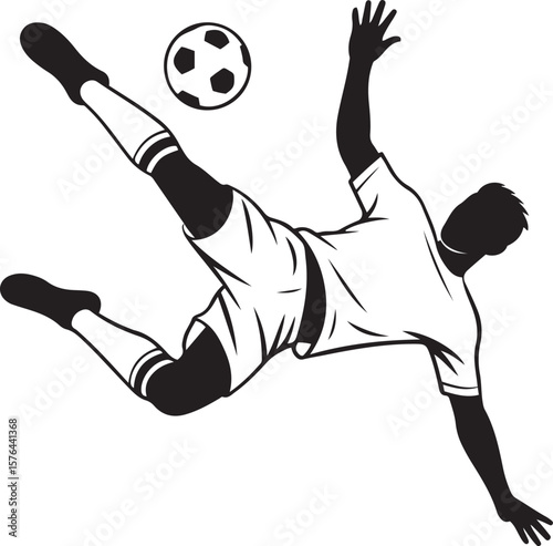 Black and white silhouette vector of a soccer player mid-air