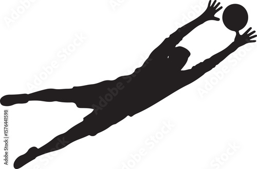 Soccer goalkeeper diving for ball silhouette vector illustration on white background