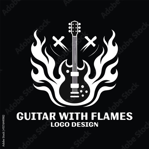 Guitar Wth Flames Vector Logo Design 