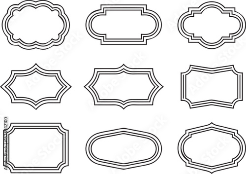 Set of vintage outline frames and labels, classic retro shapes with decorative borders