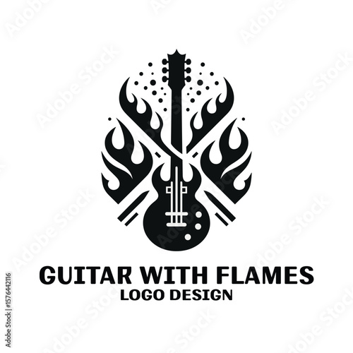 Guitar Wth Flames Vector Logo Design 