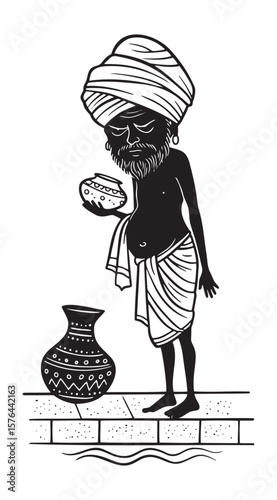 Man in traditional attire, meditative mood, holding a pot, illustrated art 