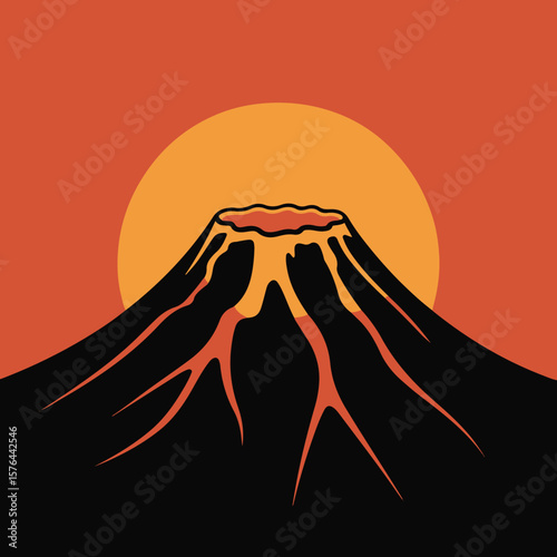 Volcano erupting lava flows against a setting sun silhouette