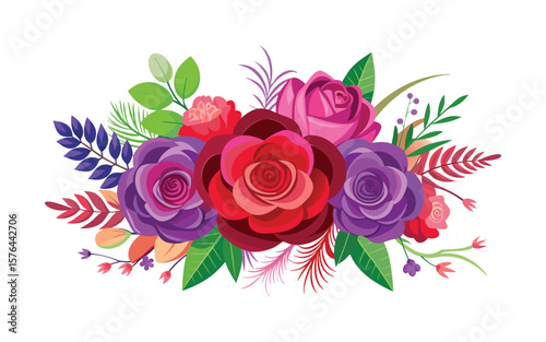 Vibrant floral arrangement with roses and leaves isolated on white background