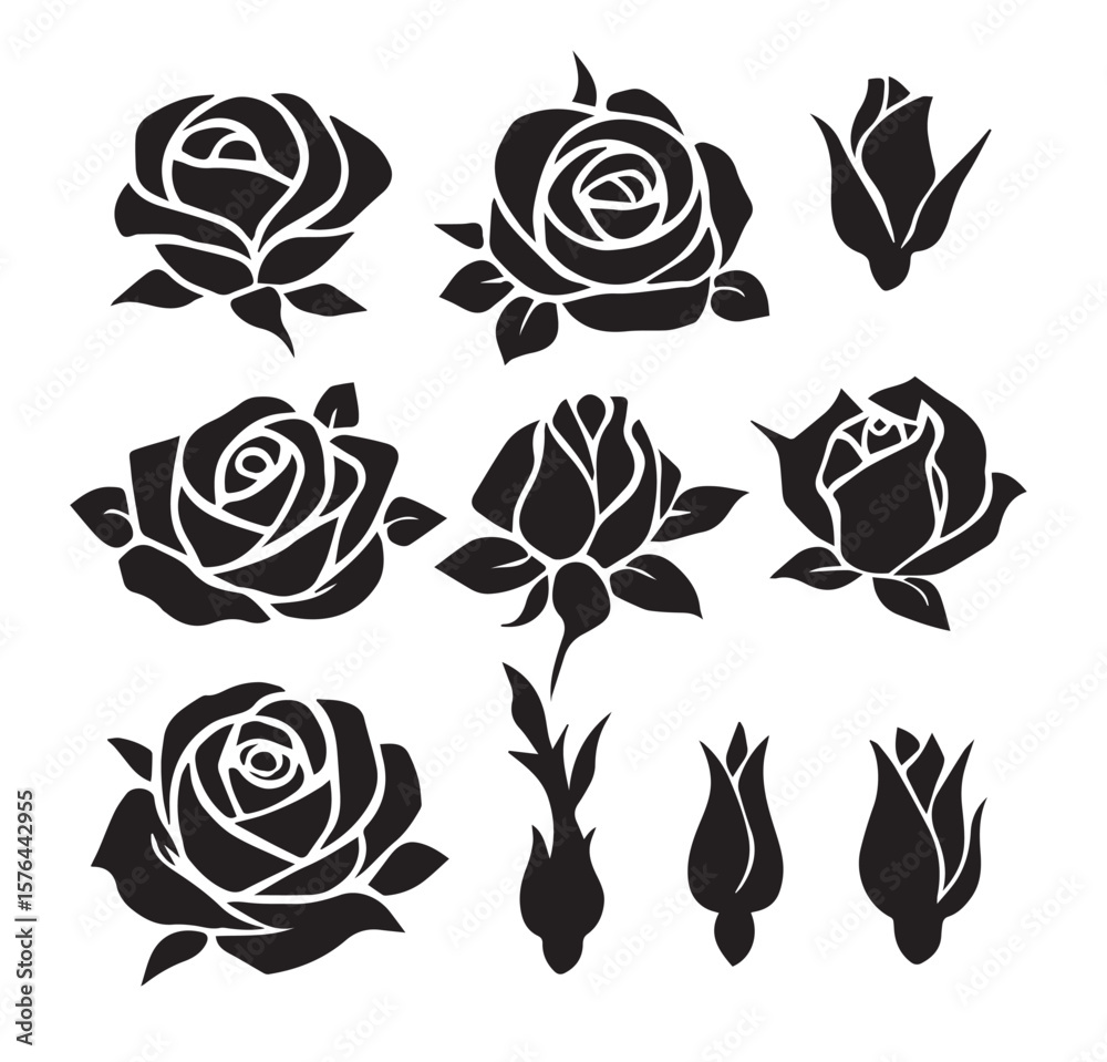 Black rose flower silhouettes with buds and stems flowers floral