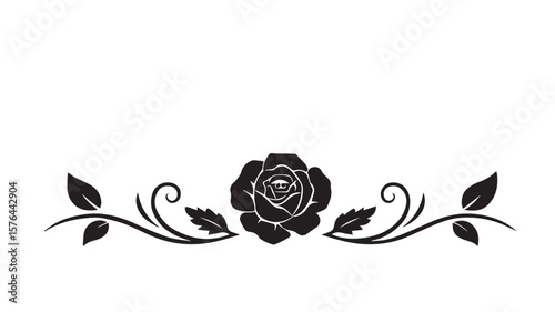 Black rose floral ornament with leaves and swirls decorative