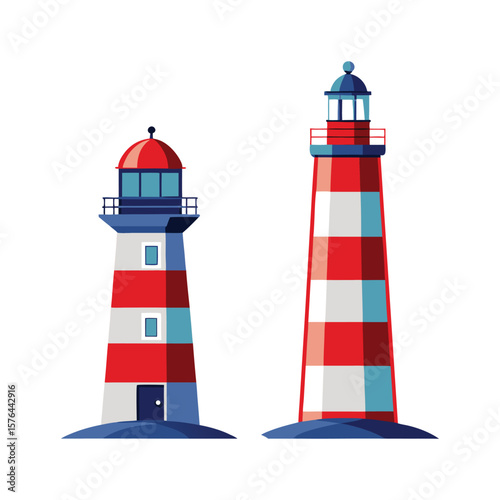 Two striped lighthouses with red and blue accents isolated on white background