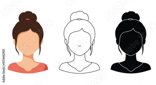 Woman with hair bun in color outline and silhouette versions