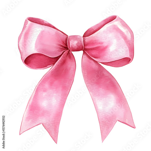 Watercolor satin pink bow isolated  on transparency background. Hand-painted ribbon illustration, elegant decorative bow clipart