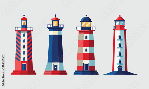 Four distinct lighthouses with red blue and white color schemes isolated on white background