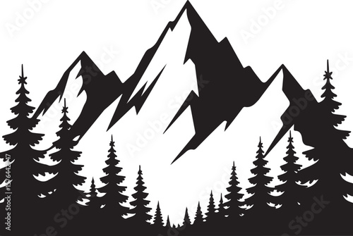 Majestic mountain range with pine trees in a bold black silhouette