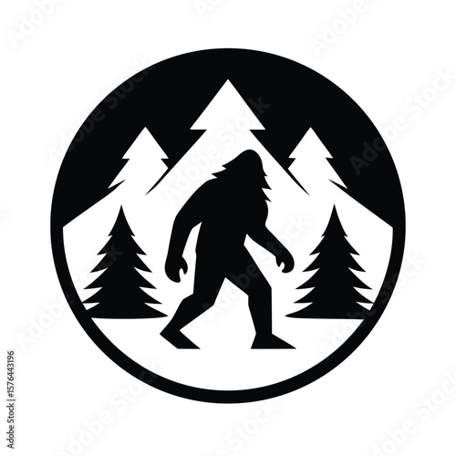 Bigfoot walking among pine trees in circle frame silhouette vector illustration