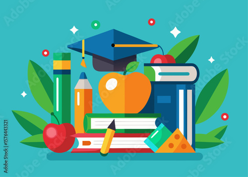 Colorful Illustration of Education with Books Graduation Cap Pencil and Fruit on a Teal Background