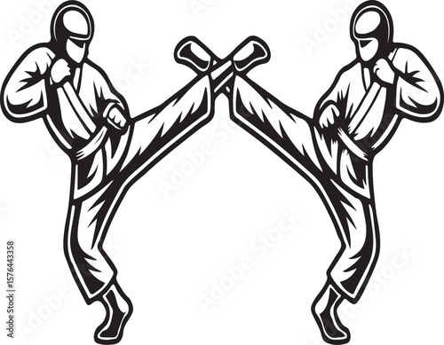 Black and white illustration of two martial artists performing a high kick stance