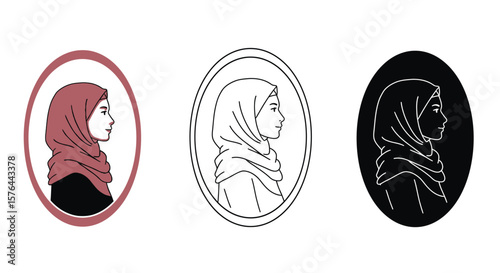 Elegant Line Art Portrait of a Woman in Hijab in an Oval Frame