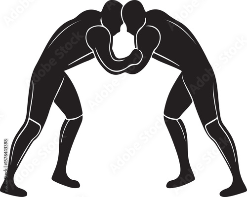 Black and white illustration of two wrestlers engaged in a close competitive match