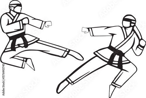 Two karate practitioners in dynamic action performing martial arts kicks and punches