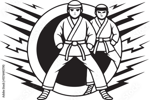 Two karate practitioners in traditional uniform with lightning bolt symbol in black and white illustration