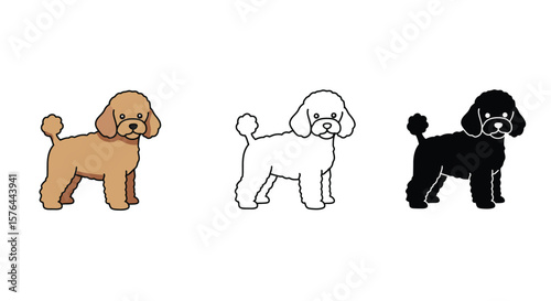 Cute Poodle Dog Illustration in Color Outline and Silhouette Style