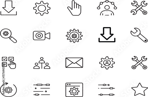Various line icon set illustrating digital technology software applications and settings