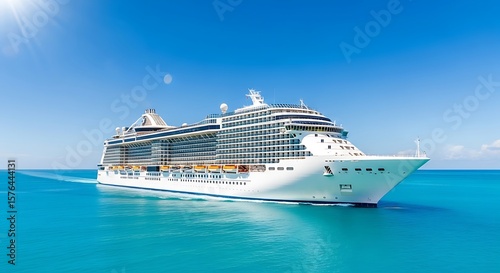 Majestic white cruise ship sailing through vibrant turquoise ocean waters under a clear blue sky with bright sun rays