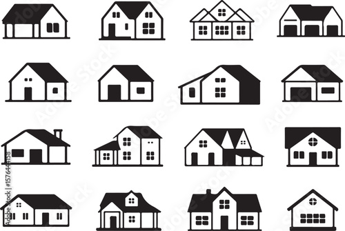 Collection of simple black and white house icons representing various residential architecture