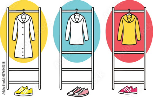 Colorful clothing rack illustration displaying different garments and sneakers in modern vector style