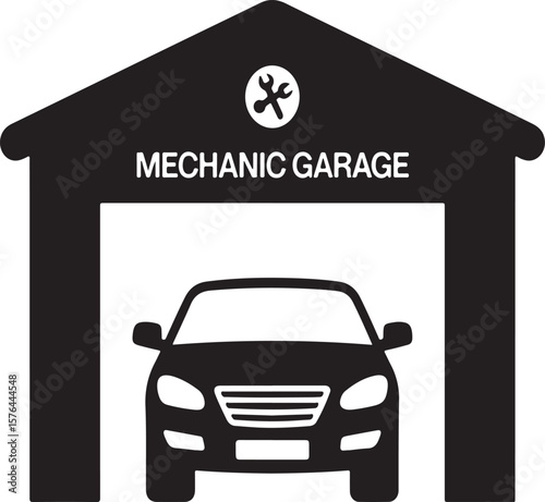 Mechanic garage with car and wrench symbol silhouette
