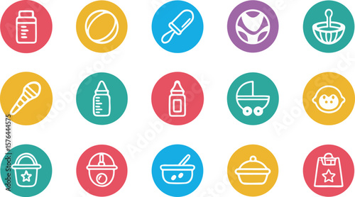 Colorful vector icons of baby accessories on round circles for a cute theme