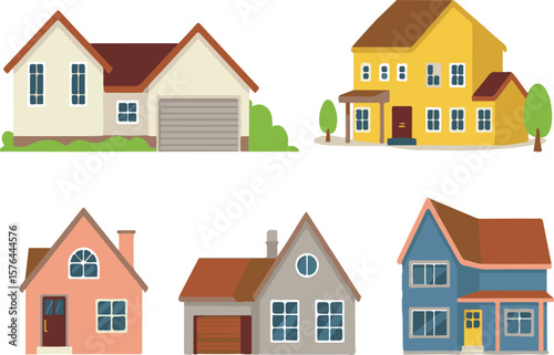 Colorful vector illustration of various cartoon houses and residential architecture