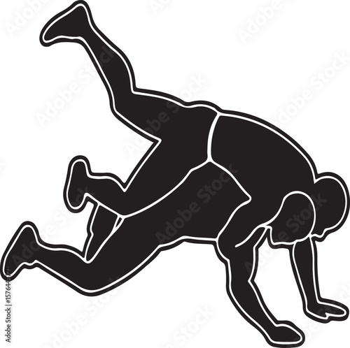 Silhouetted wrestlers competing in a grappling match a vector illustration design