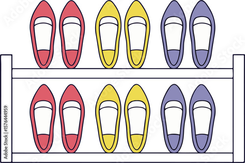 Colorful flat shoes arranged neatly on a shoe rack in a simplified illustration