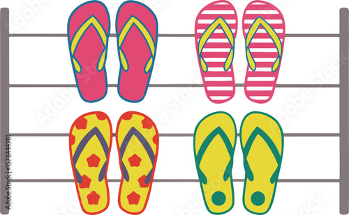 Colorful flip flops of different designs displayed on a gray beach shoe rack