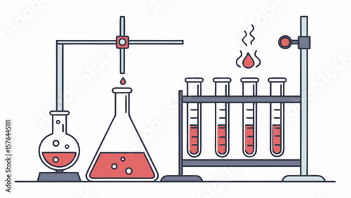 Science lab experiment vector illustration with beakers test tubes and chemical reaction for education use