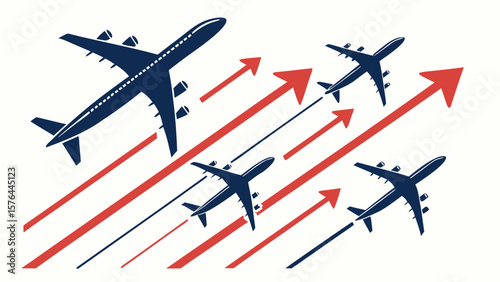 Airplane flight travel concept with upward arrows showing growth and success in the aviation industry sector
