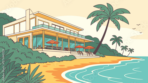 Beachfront villa rental with ocean view and palm trees for tropical vacation getaway and summer holiday spot